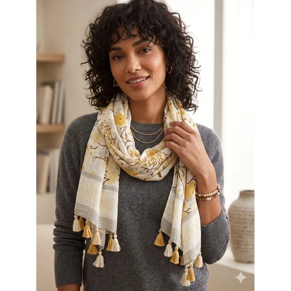 Spartina 449 Floral Tassel Scarf Yellow Grey Linen Viscose Blend Wrap Accessory